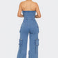 Stylish Strapless Cargo Stretch Denim Jumpsuit