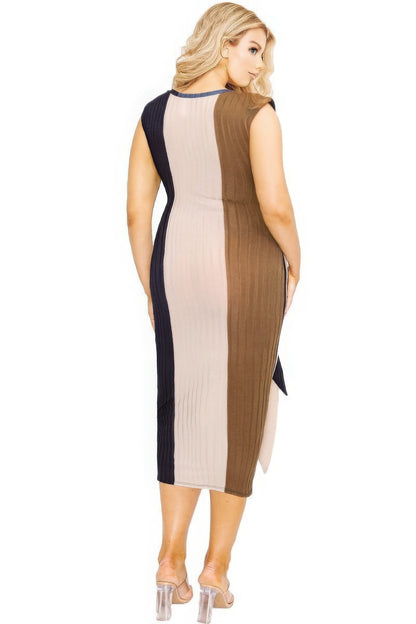 Plus Knitted Sleeveless Autumn Colorblock Waist tie Bodycon Midi Dress