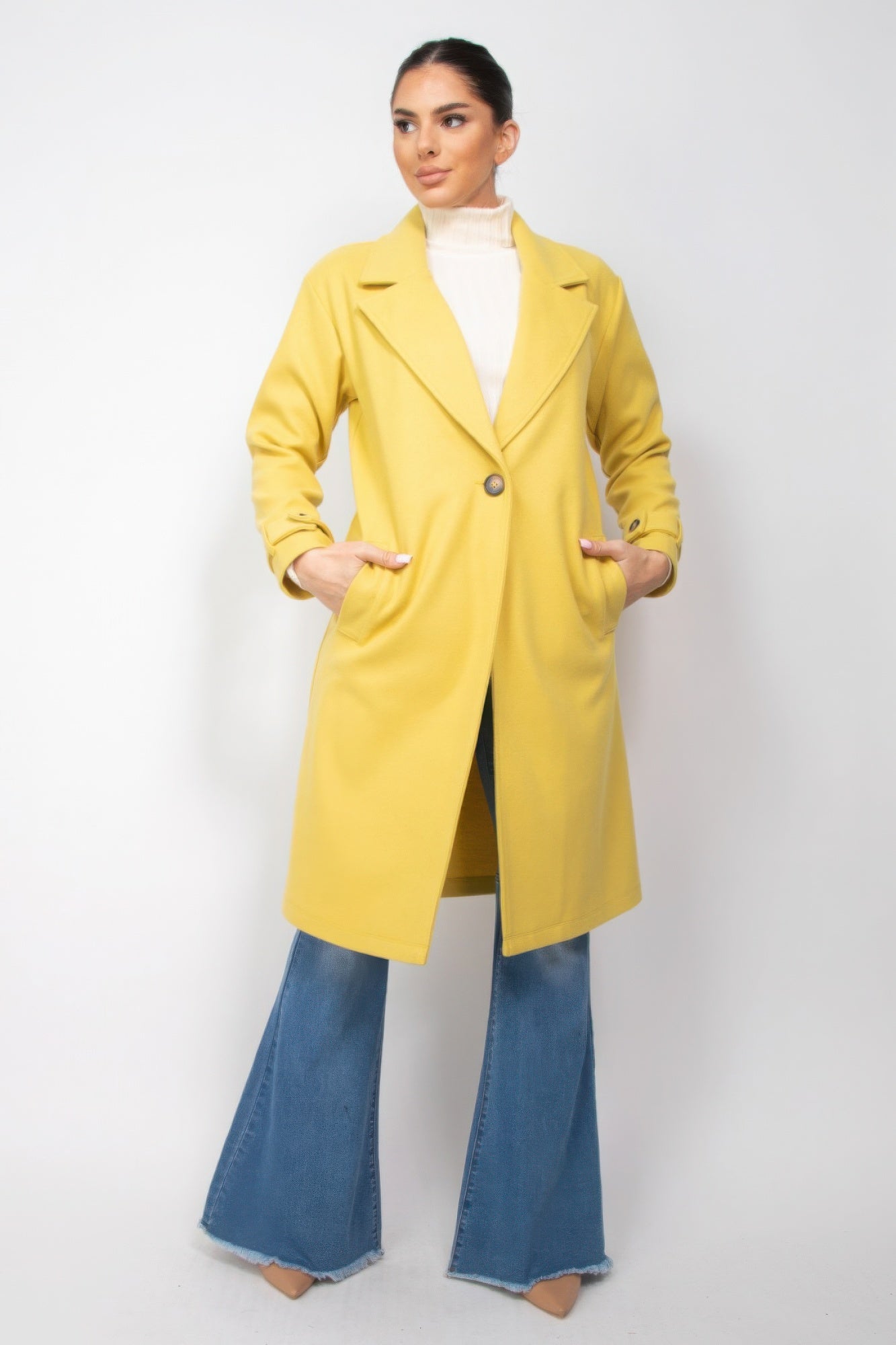 Classic Woven Collar Pocketed Coat in Color Citron