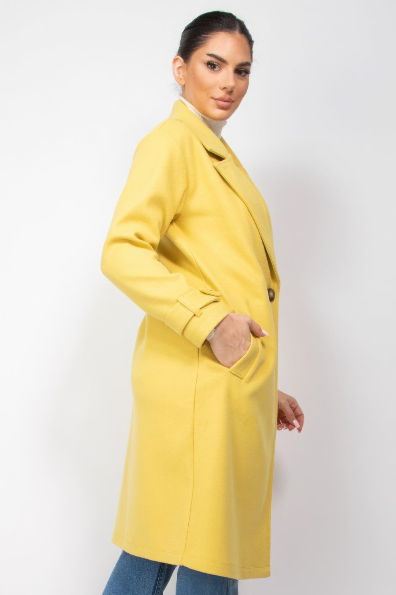 Classic Woven Collar Pocketed Coat in Color Citron