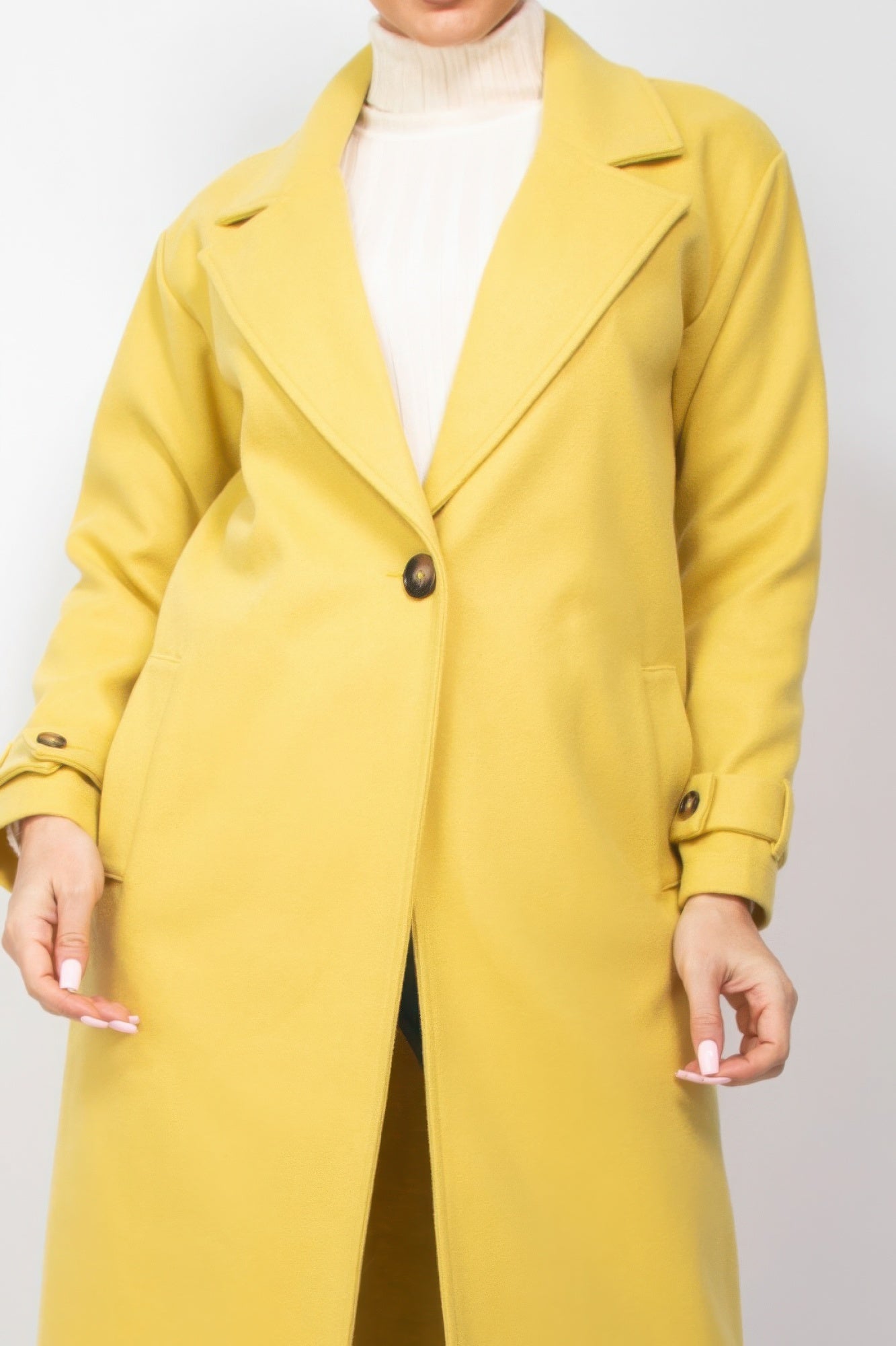 Classic Woven Collar Pocketed Coat in Color Citron