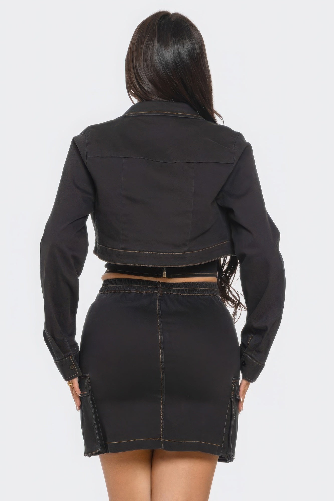 3 Piece Sexy Black Cargo Mini Skirt Set with Faux Corset Crop Top & Jacket