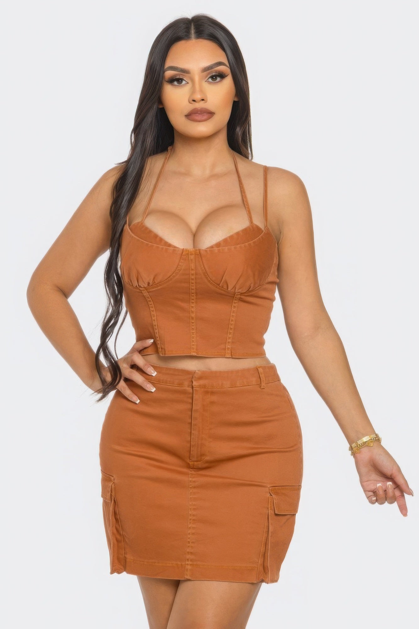 3 Piece Sexy Brown Mini Cargo Skirt Set with Faux Corset Top & Jacket