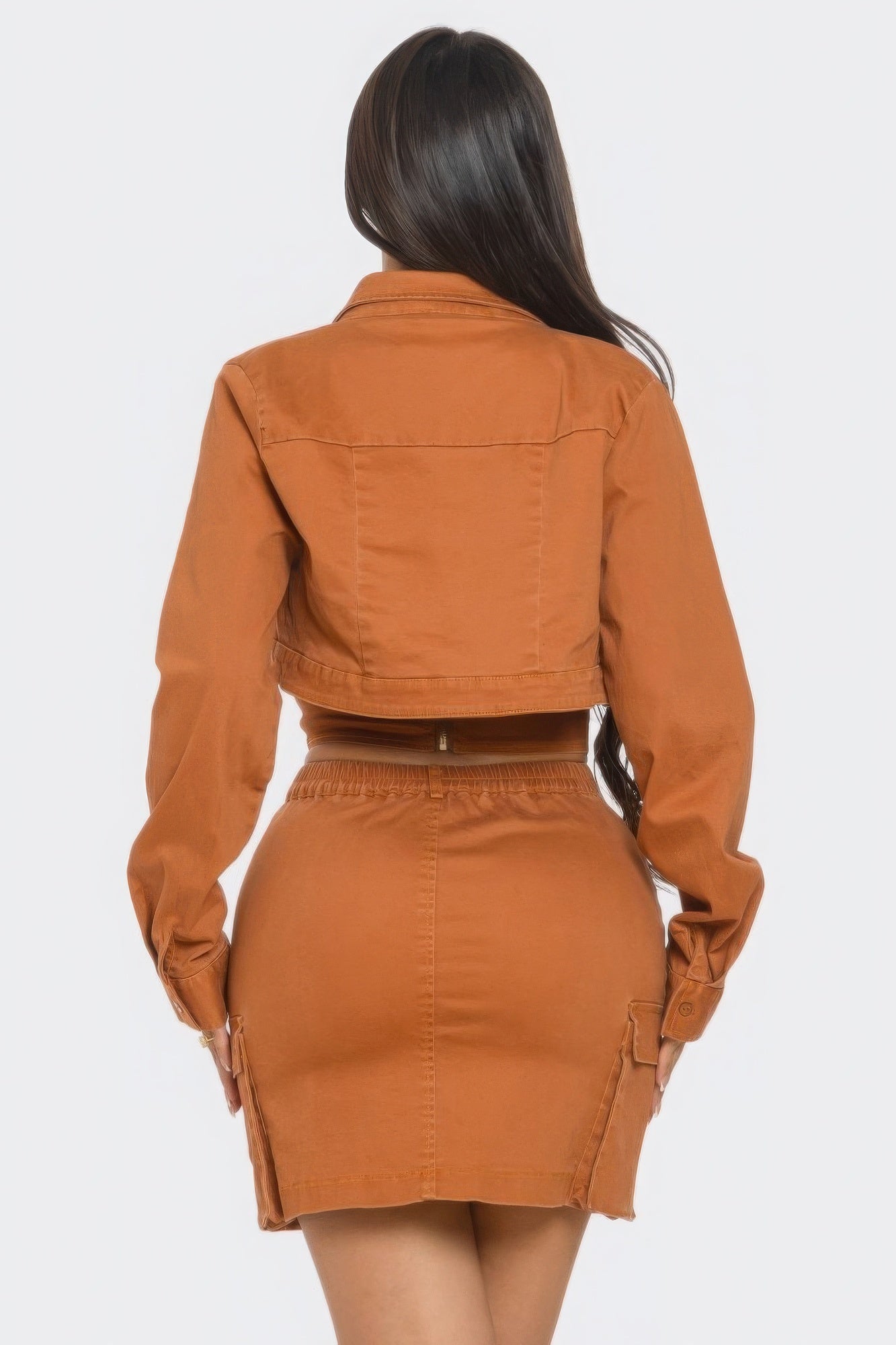 3 Piece Sexy Brown Mini Cargo Skirt Set with Faux Corset Top & Jacket