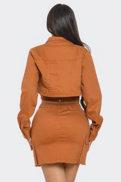 3 Piece Sexy Brown Mini Cargo Skirt Set with Faux Corset Top & Jacket