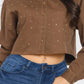 Brown Buttoned-down Cropped Denim Shirt with Bling Details