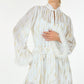White with Gold Metallic Print Short Dress with Neckline Tie