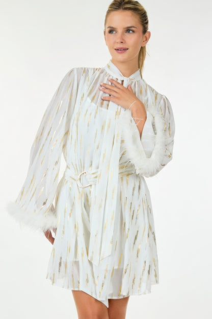 White with Gold Metallic Print Short Dress with Neckline Tie