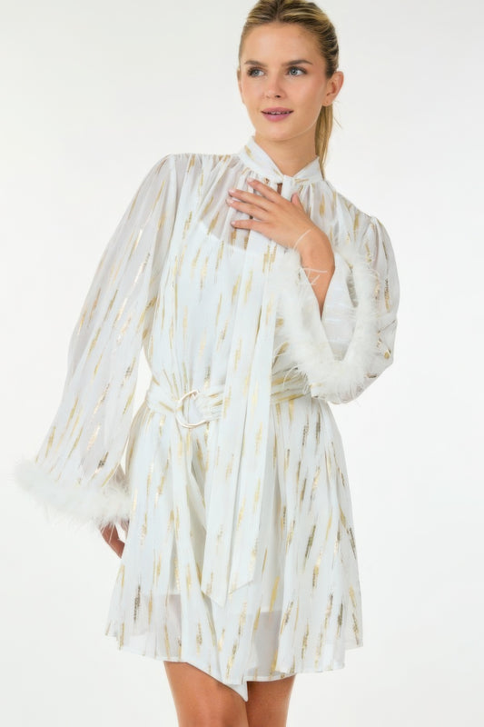 White with Gold Metallic Print Short Dress with Neckline Tie