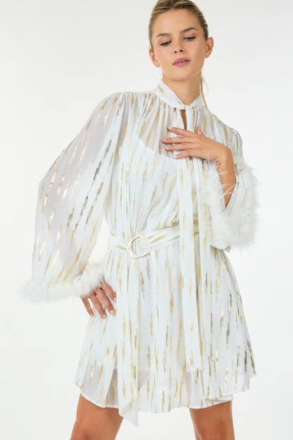 White with Gold Metallic Print Short Dress with Neckline Tie