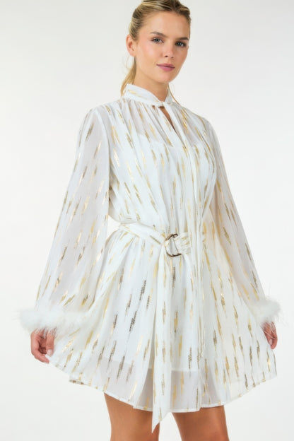 White with Gold Metallic Print Short Dress with Neckline Tie