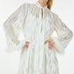 White with Gold Metallic Print Short Dress with Neckline Tie