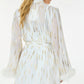 White with Gold Metallic Print Short Dress with Neckline Tie