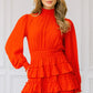 Orange Long Sleeve Smocked Neck Tiered Ruffle Mini Dress