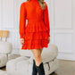 Orange Long Sleeve Smocked Neck Tiered Ruffle Mini Dress