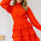 Orange Long Sleeve Smocked Neck Tiered Ruffle Mini Dress