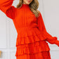Orange Long Sleeve Smocked Neck Tiered Ruffle Mini Dress