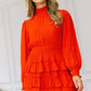 Orange Long Sleeve Smocked Neck Tiered Ruffle Mini Dress