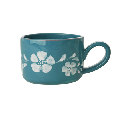 Ceramic Cappuccino Cup with Hand Painted White Flowers Vine - 6.7 oz