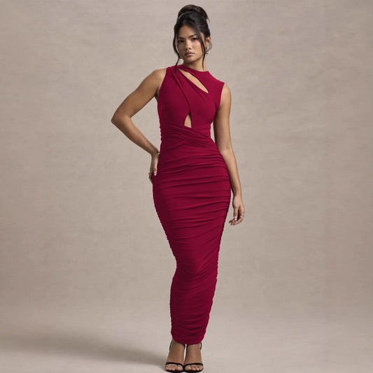 BELLA MIA Women's Stylish Burgundy Pleated Bodycon Sheath Dress