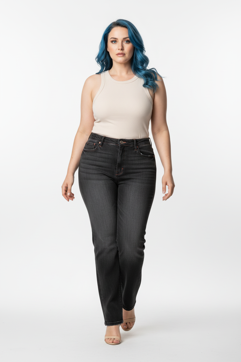 Women's Black High Rise Plus-size Slim Ankle Denim Jeans With Button Fly