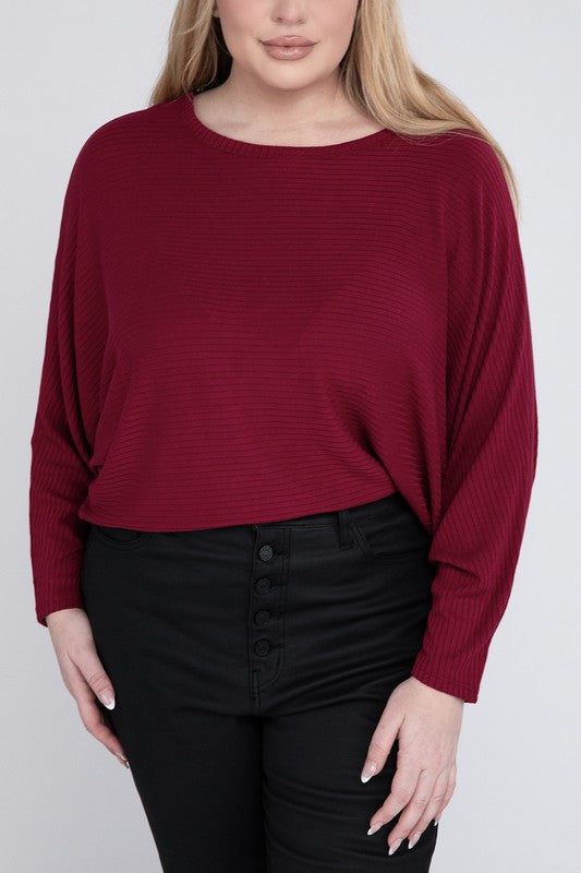 ZENANA Plus Ribbed Batwing Long Sleeve Boat Neck Sweater