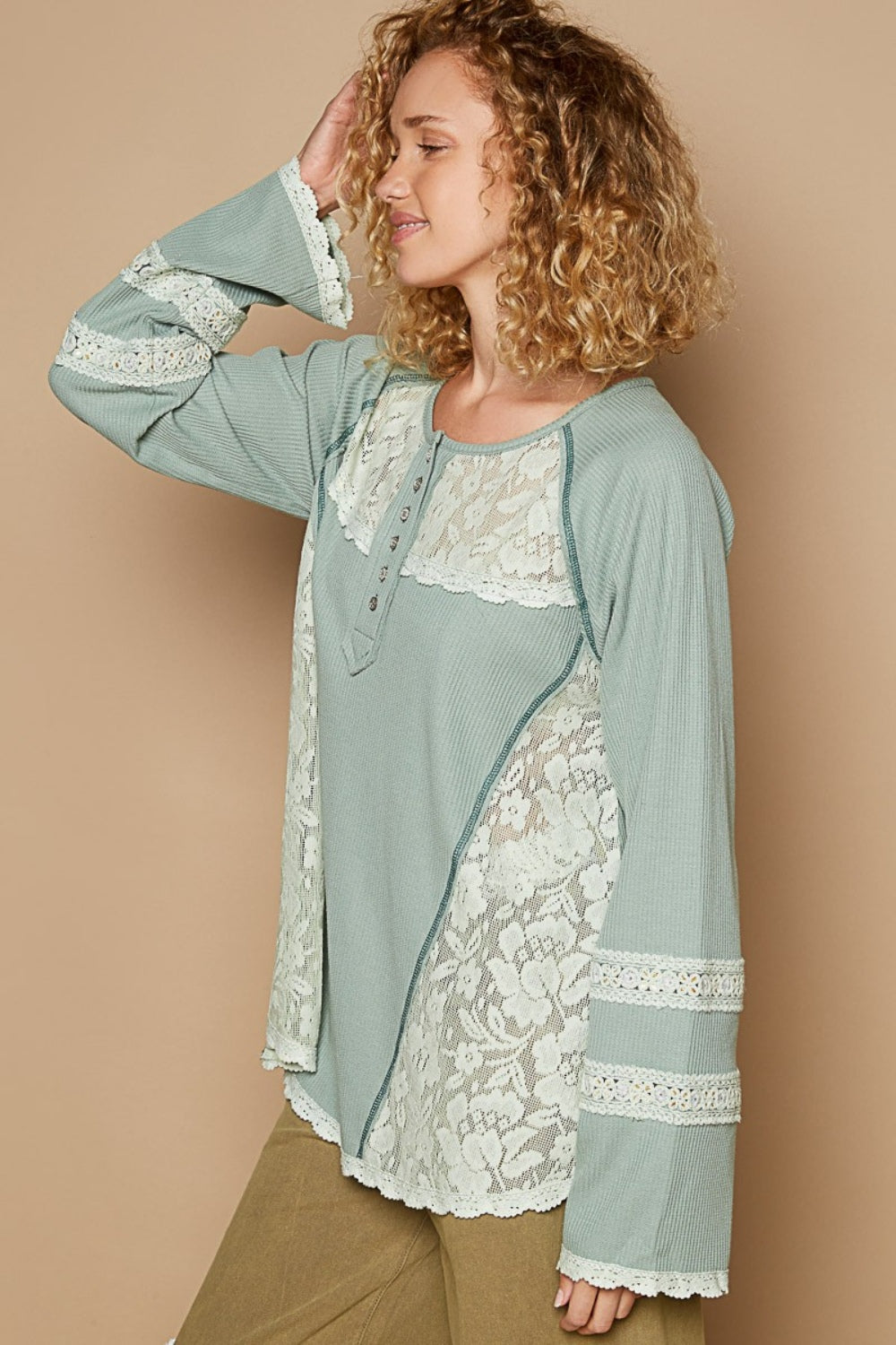 POL Women's Forest Green Round Neck Long Sleeve Lace Trim Thermal Top