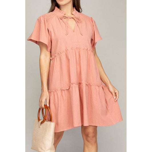 NUVI APPAREL Tiered mini dress with tie