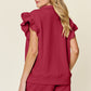 DOUBLE TAKE Full Size Texture Flounce Sleeve Top and Drawstring Shorts Set