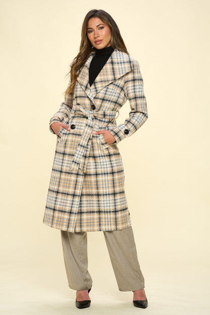 COALITION LA Double-Breasted Plaid Coat with Belt