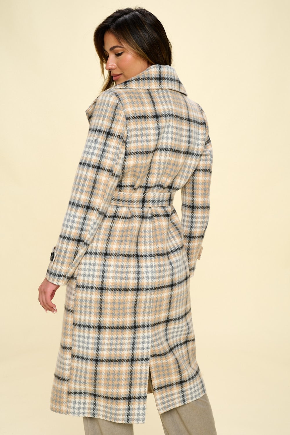 COALITION LA Double-Breasted Plaid Coat with Belt