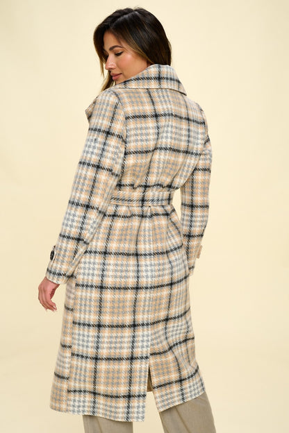 COALITION LA Double-Breasted Plaid Coat with Belt