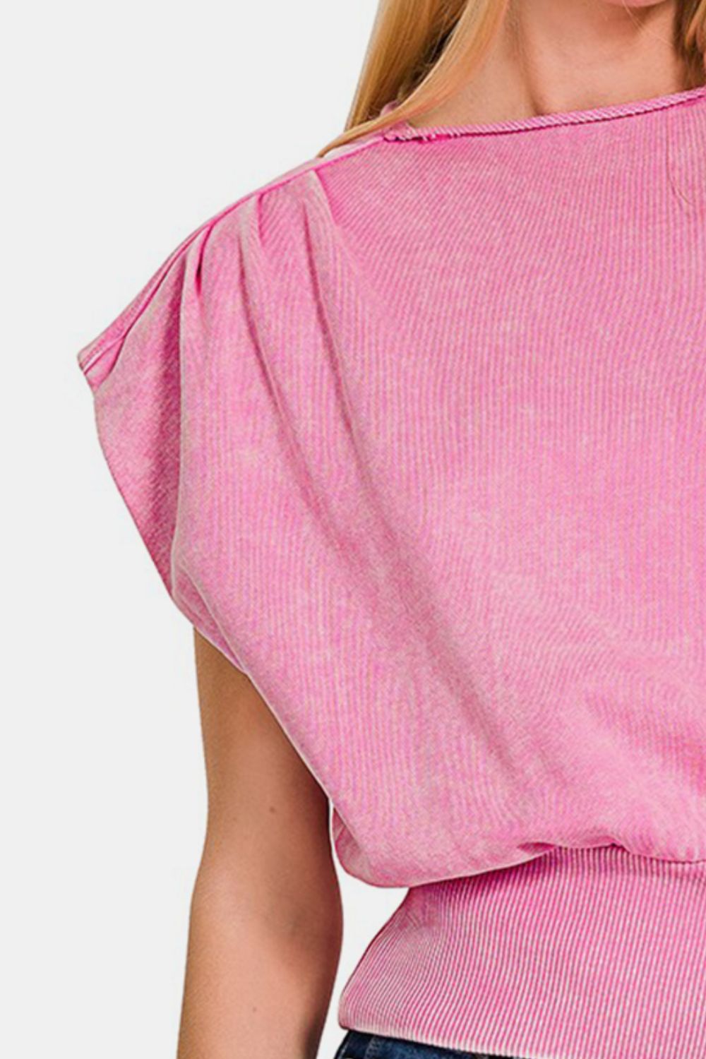 ZENANA Washed Boat Neck Bottom Banded Dolman Sleeve Top