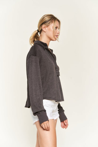 JADE by JANE Deep V-neck Collared Long sleeve Knit Top