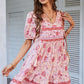 Casual Boho Floral Tie Neck Short Sleeve Mini Dress