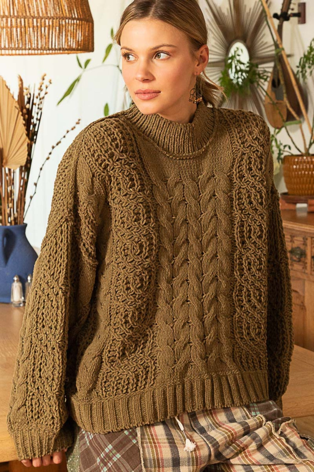 POL Dusky Mock Neck Cable Knit Sweater