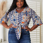 YO Tie Hem V-Neck Three-Quarter Sleeve Blouse