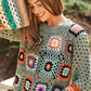 DAVI & DANI Floral Crochet Striped Sleeve Cropped Knit Sweater