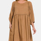 Zenana Washed Linen Pleated Puff Sleeve Babydoll Dress