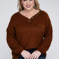 ZENANA Plus Brushed Waffle V-Neck Button Detail Sweater