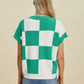 DOUBLE TAKE Full Size Checkered Round Neck Short Sleeve Sweater