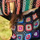 DAVI & DANI Floral Crochet Striped Sleeve Cropped Knit Sweater