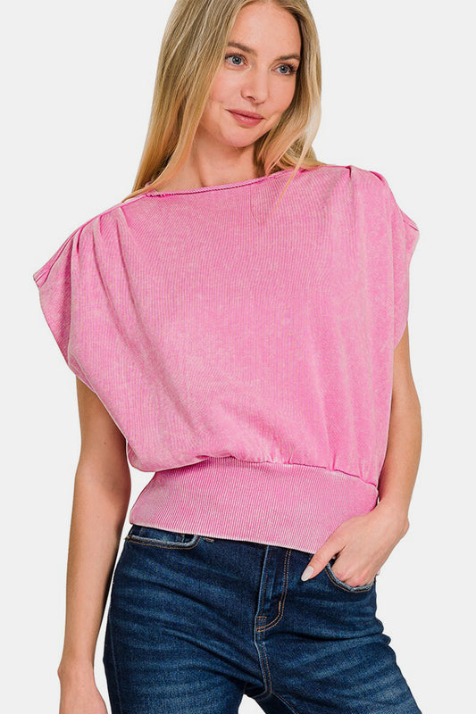 ZENANA Washed Boat Neck Bottom Banded Dolman Sleeve Top