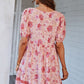 Casual Boho Floral Tie Neck Short Sleeve Mini Dress