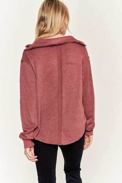 JADE by JANE Deep V-neck Collared Long sleeve Knit Top