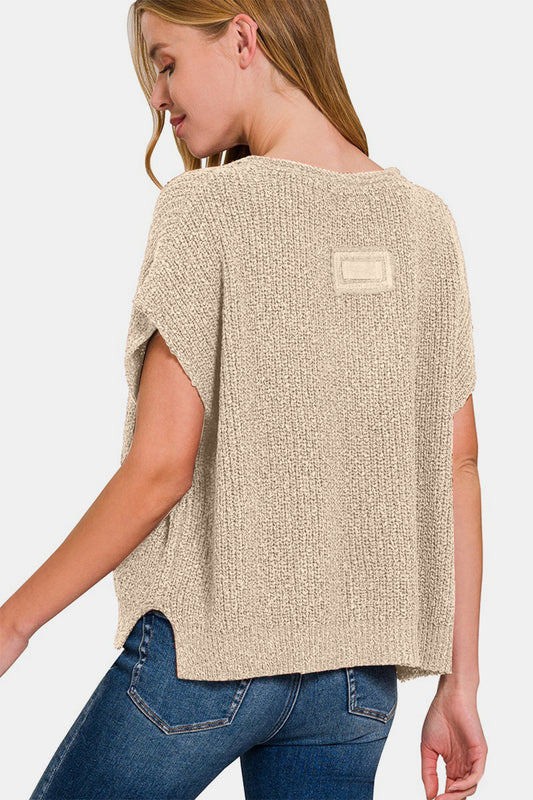 ZENANA Short Sleeve Side Slit Knit Sweater