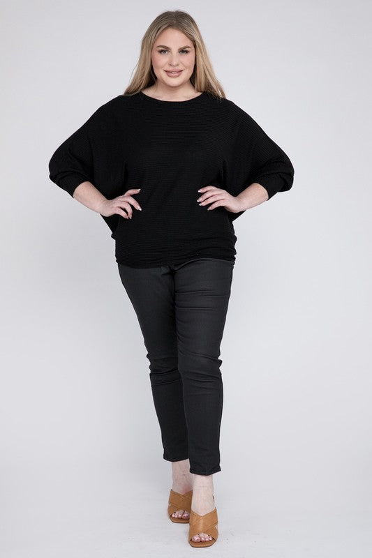 ZENANA Plus Ribbed Batwing Long Sleeve Boat Neck Sweater