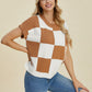 DOUBLE TAKE Full Size Checkered Round Neck Short Sleeve Sweater