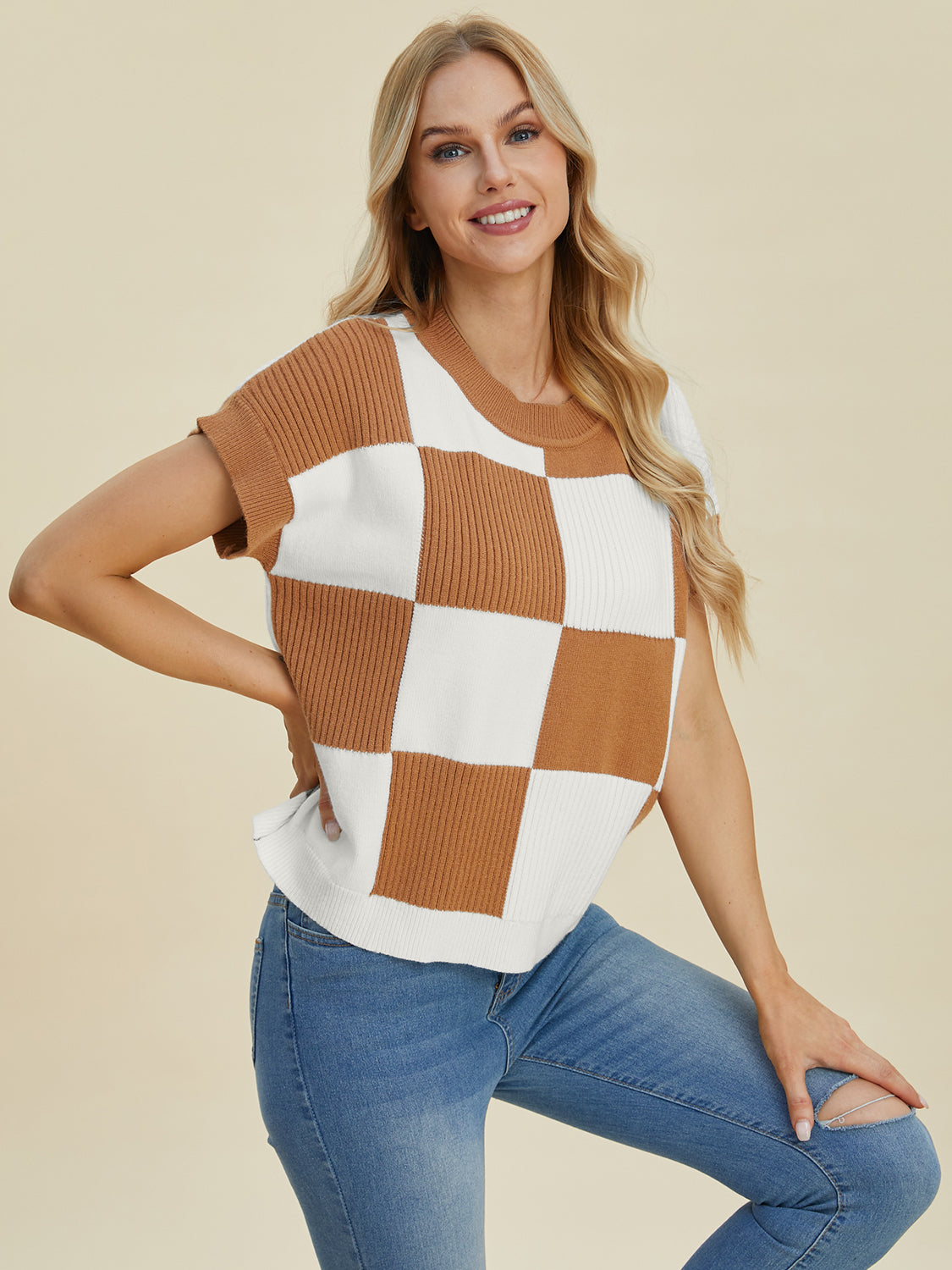 DOUBLE TAKE Full Size Checkered Round Neck Short Sleeve Sweater