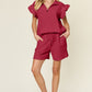 DOUBLE TAKE Full Size Texture Flounce Sleeve Top and Drawstring Shorts Set
